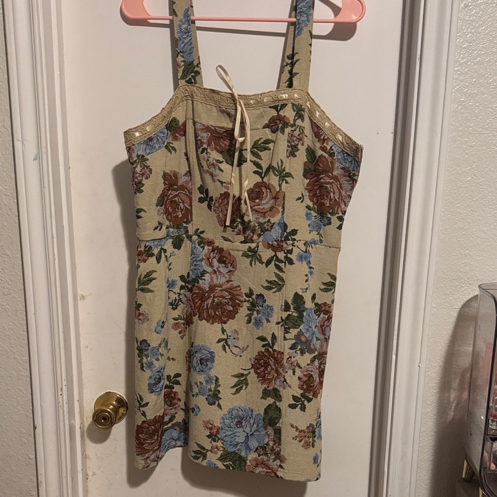 Floral Mini Dress - Beige with Blue and Brown Accents